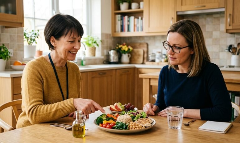 Piatto vario con verdure, cereali, legumi e acqua durante un incontro di educazione alimentare