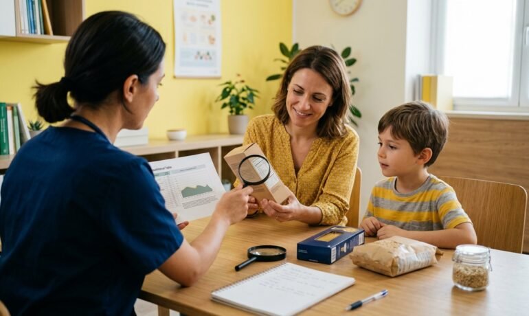 Professionista e genitore leggono la tabella nutrizionale di una confezione alimentare
