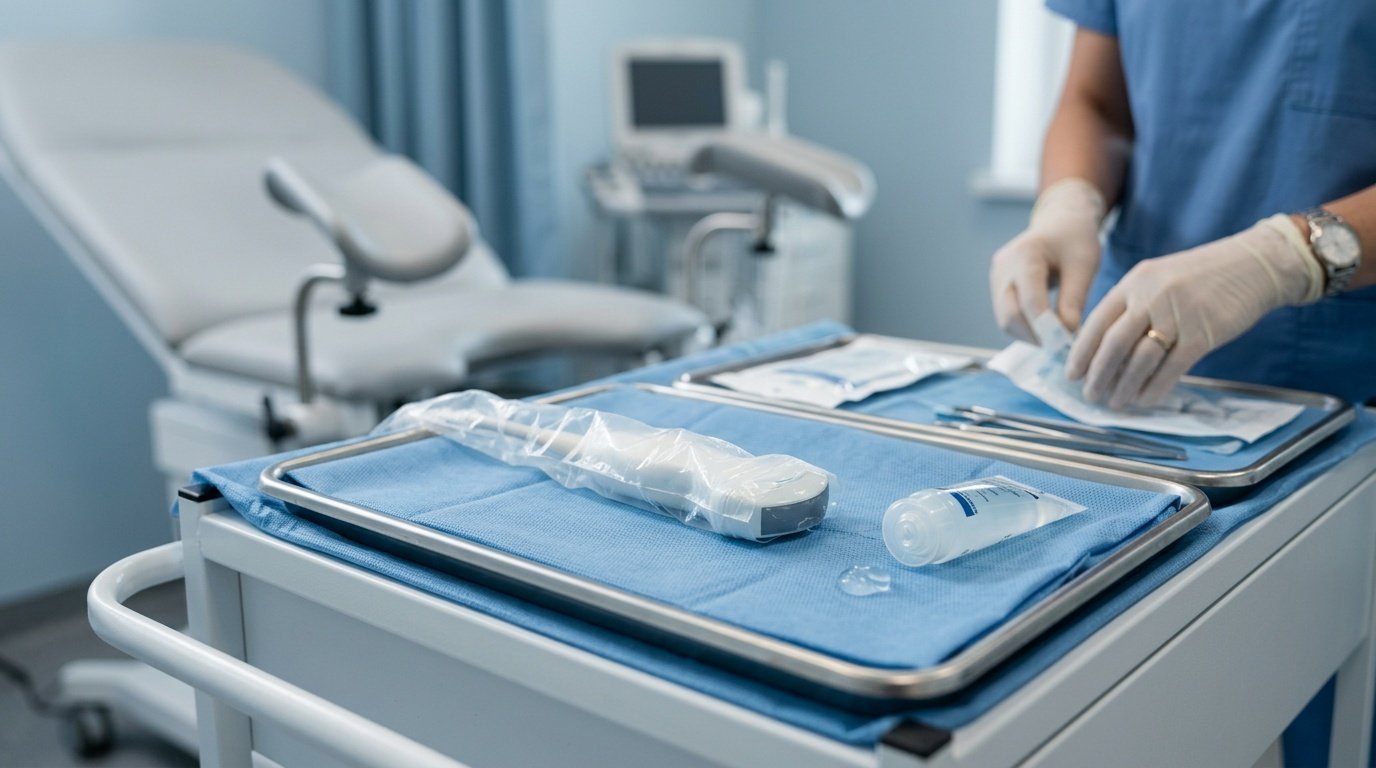 Sonda ecografica protetta e gel predisposti in un ambulatorio ginecologico ordinato