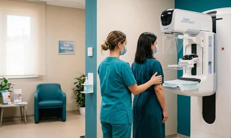 Professionista sanitaria prepara una paziente adulta a una mammografia in un ambiente ordinato e rassicurante