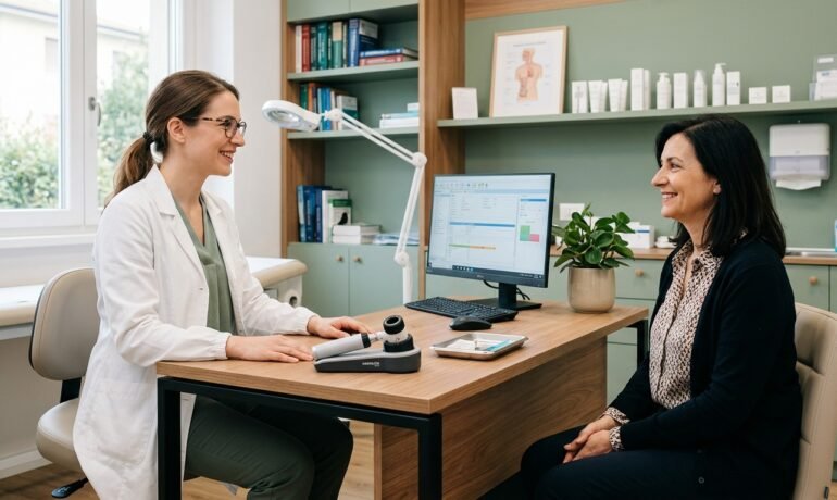 Dermatologa e paziente durante un colloquio per un controllo preventivo della pelle